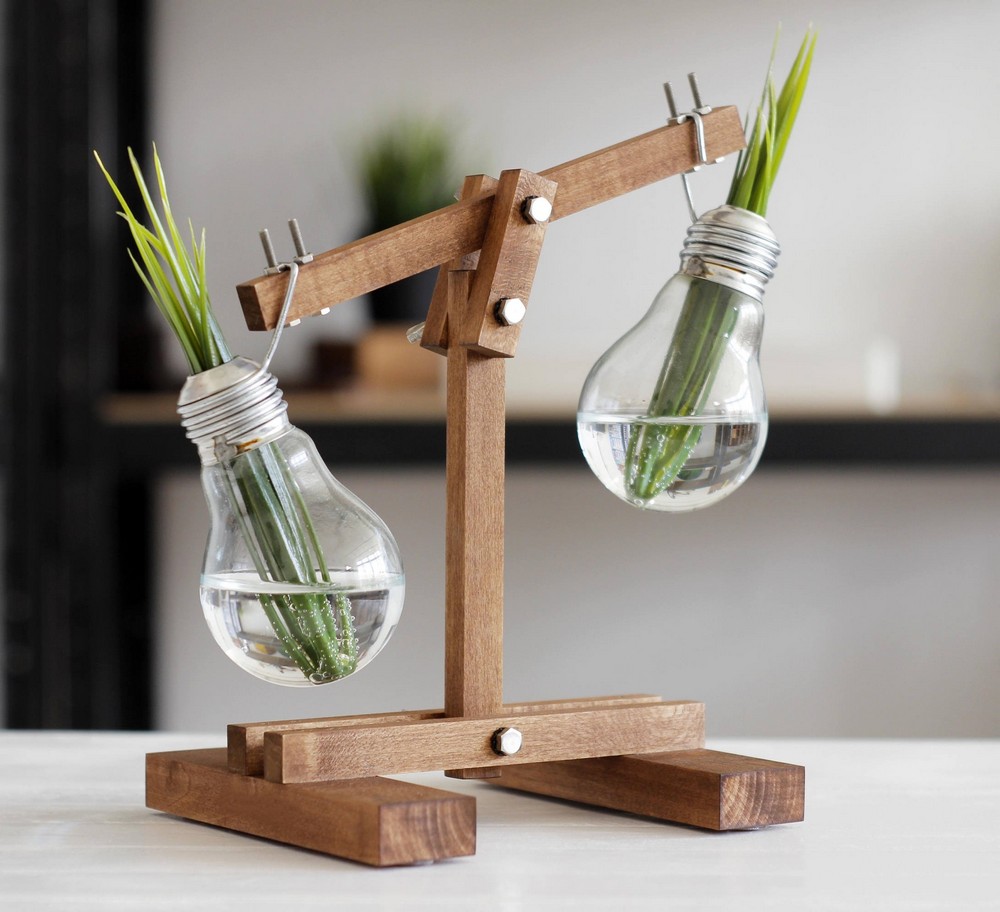 Kişiye Özel - Ahşap Bulb Ampul Tasarımlı Çift Saksılı Tasarım