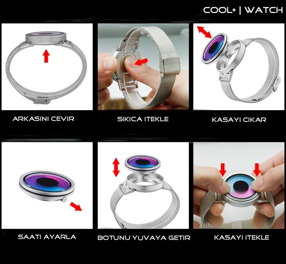Cool Watch Saat - Silver Kasa - Silver Kordon CooL Galaxy Mix Sarı Yeşil Ekran Unisex